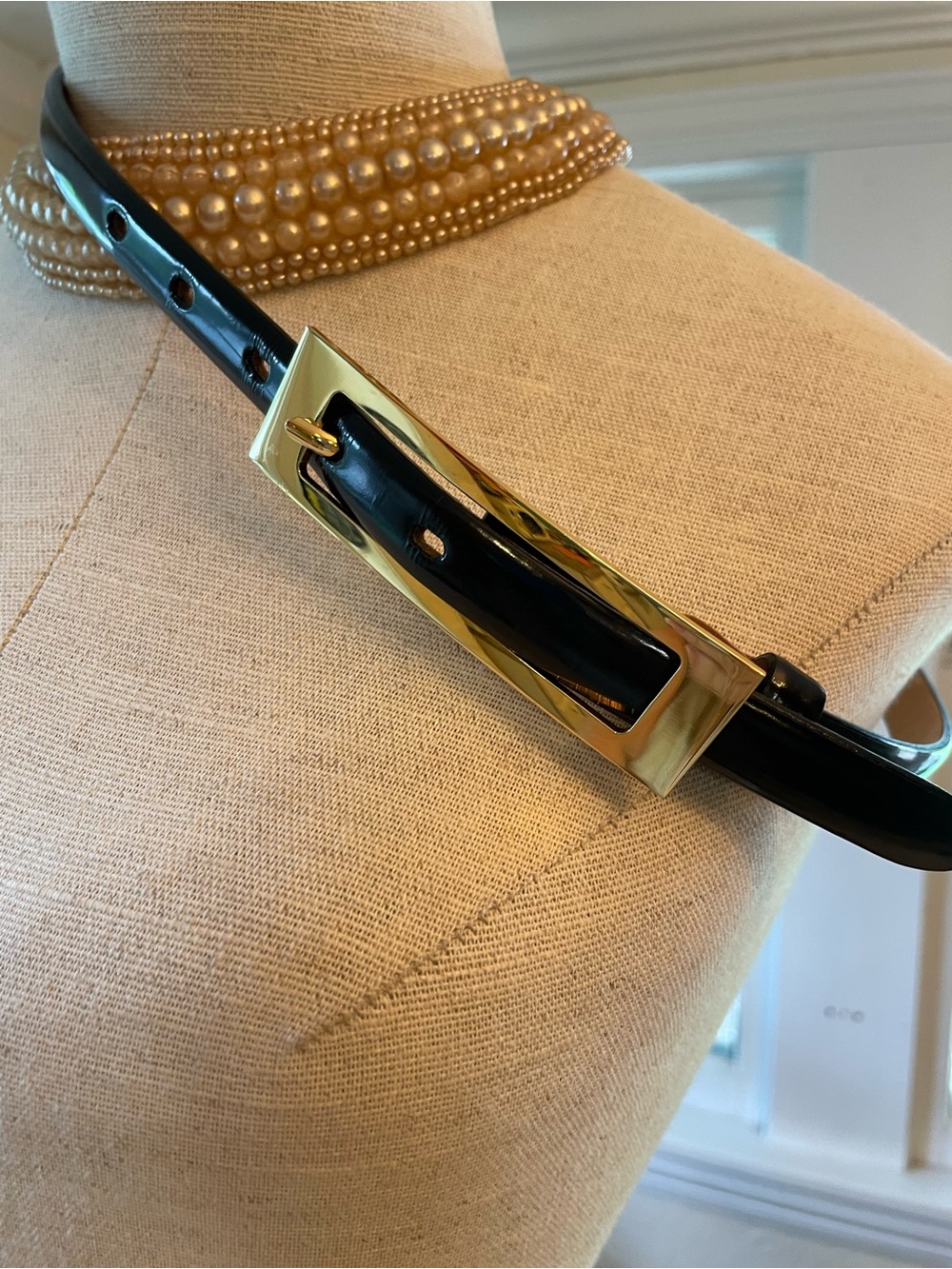 Black Patent Leather Belt with Gold Rectangular Buckle
